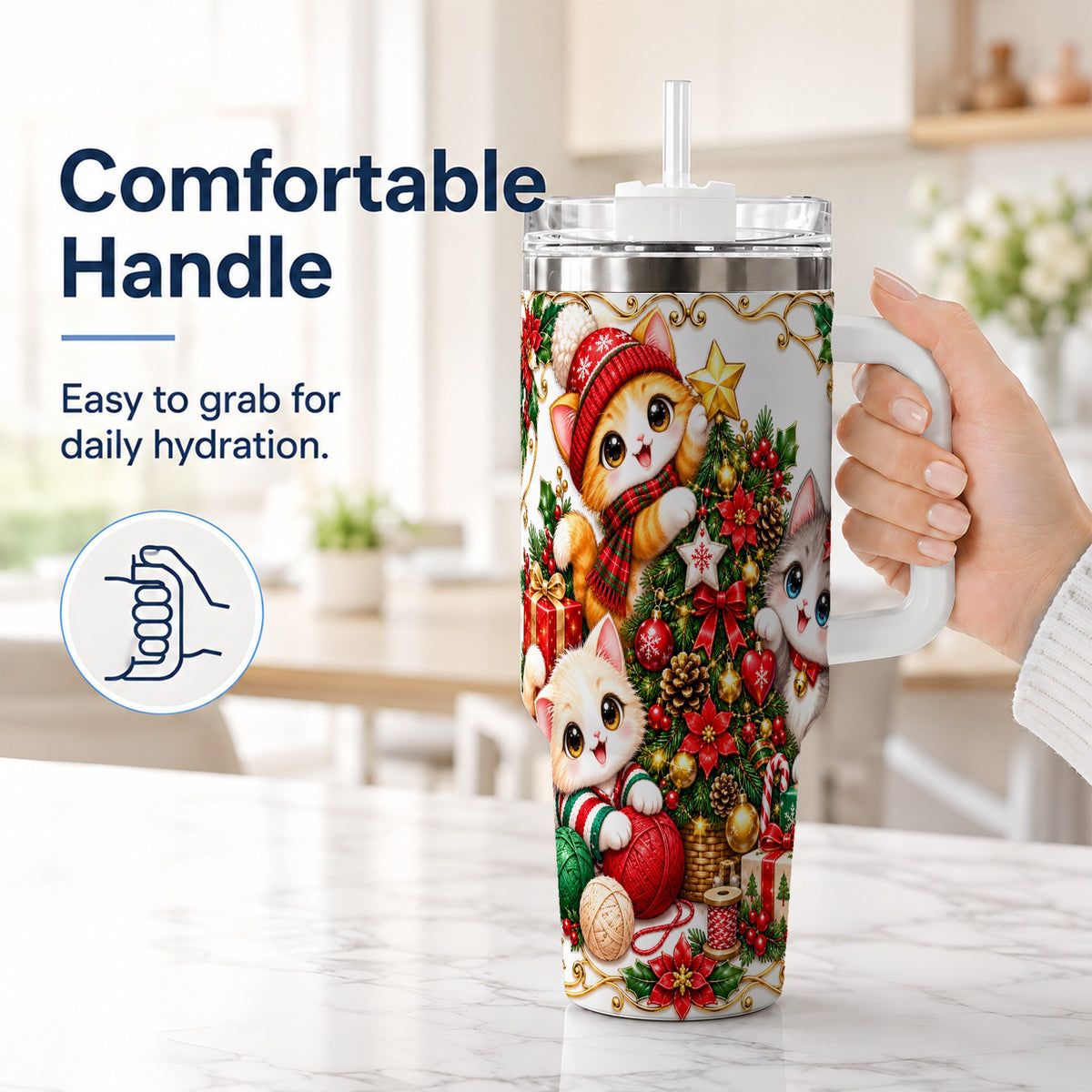 #pl[40oz|White] Christmas Kittens 40oz Tumbler with Handle, Ornate Holiday Cat Design