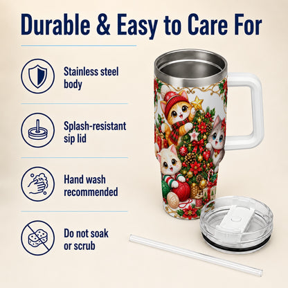 Christmas Kittens 40oz Tumbler with Handle, Ornate Holiday Cat Design