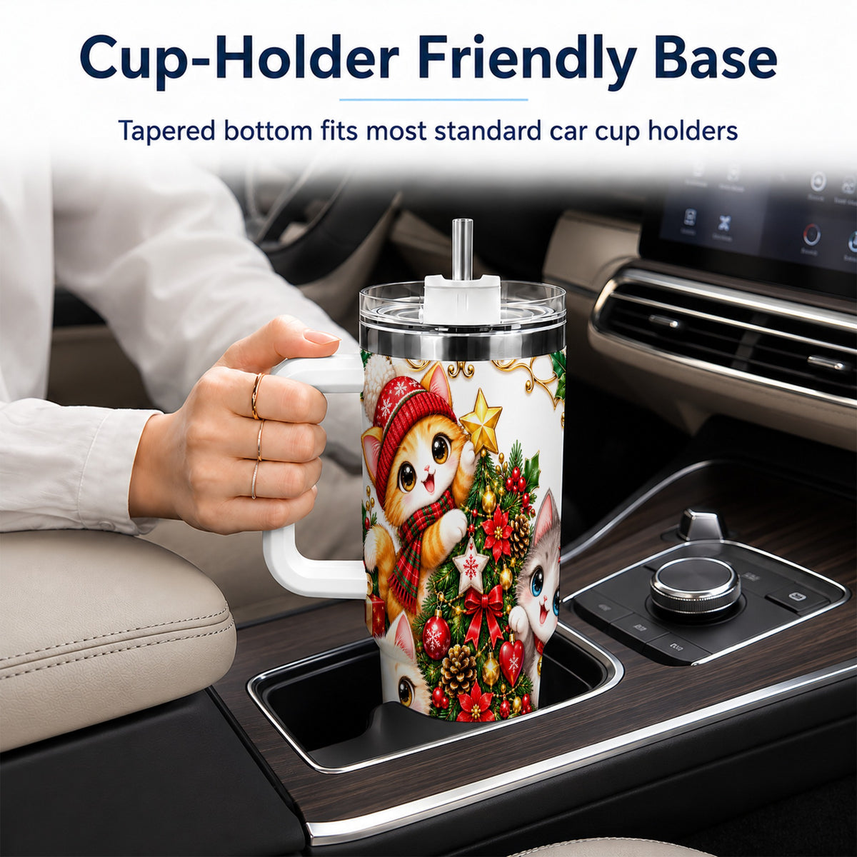 Christmas Kittens 40oz Tumbler with Handle, Ornate Holiday Cat Design