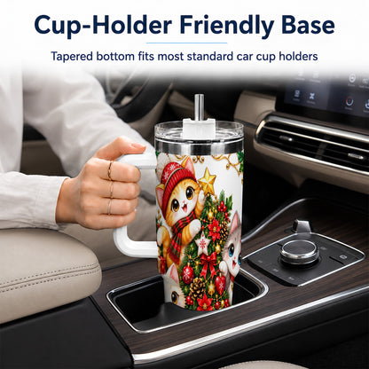 Christmas Kittens 40oz Tumbler with Handle, Ornate Holiday Cat Design