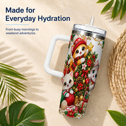 Christmas Kittens 40oz Tumbler with Handle, Ornate Holiday Cat Design