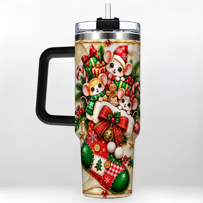 #pl[40oz|Black] Christmas Mice 40oz Tumbler with Handle, Festive Stocking Design