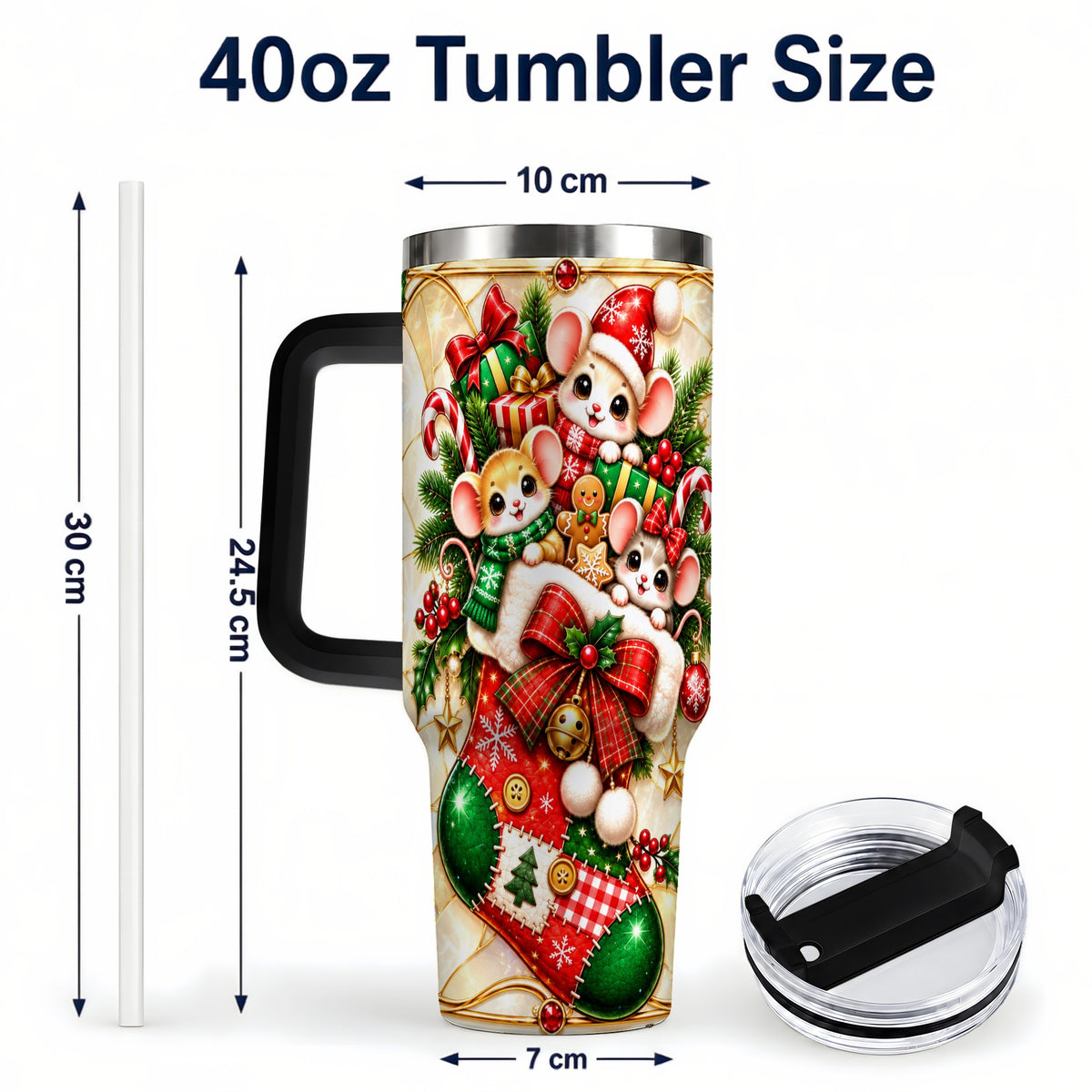#pl[40oz|Black] Christmas Mice 40oz Tumbler with Handle, Festive Stocking Design