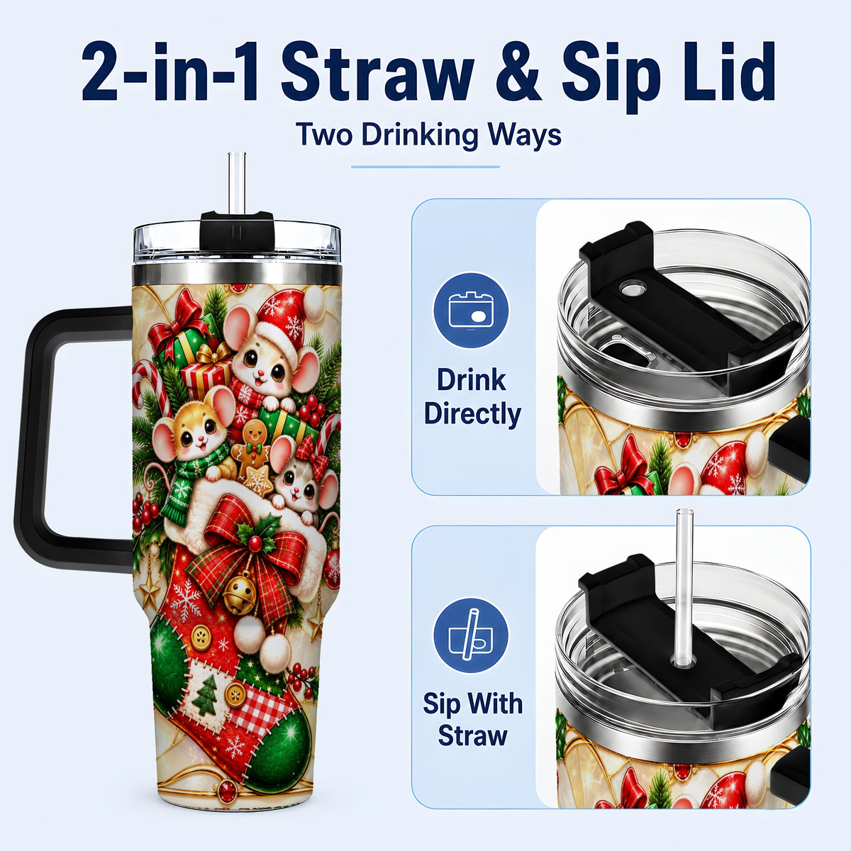 #pl[40oz|Black] Christmas Mice 40oz Tumbler with Handle, Festive Stocking Design