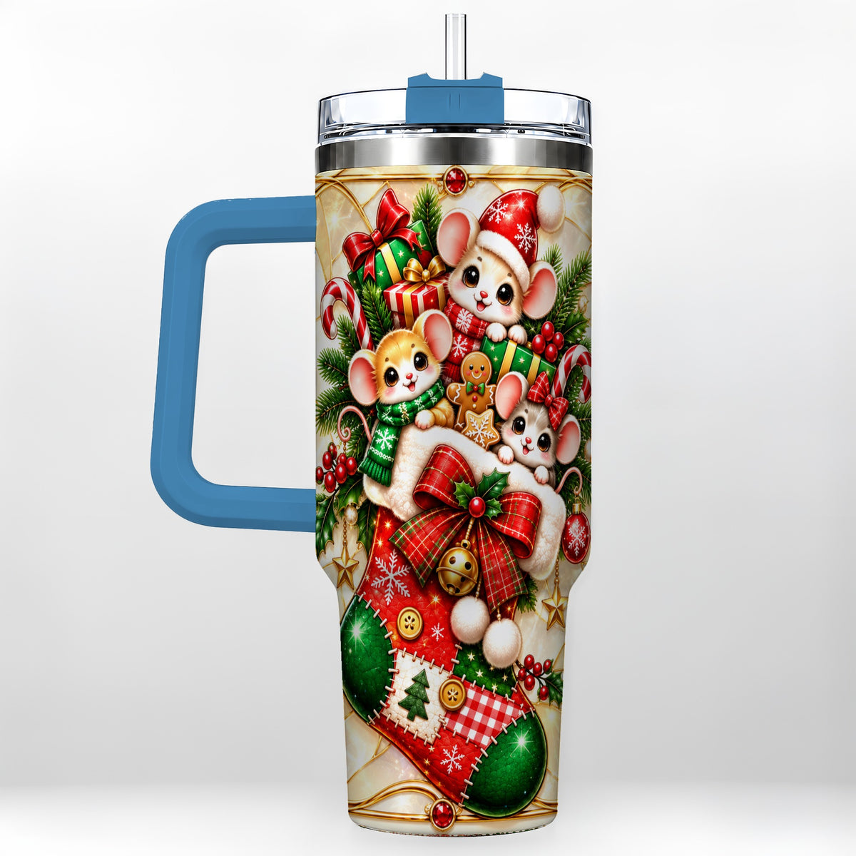 #pl[40oz|Blue] Christmas Mice 40oz Tumbler with Handle, Festive Stocking Design