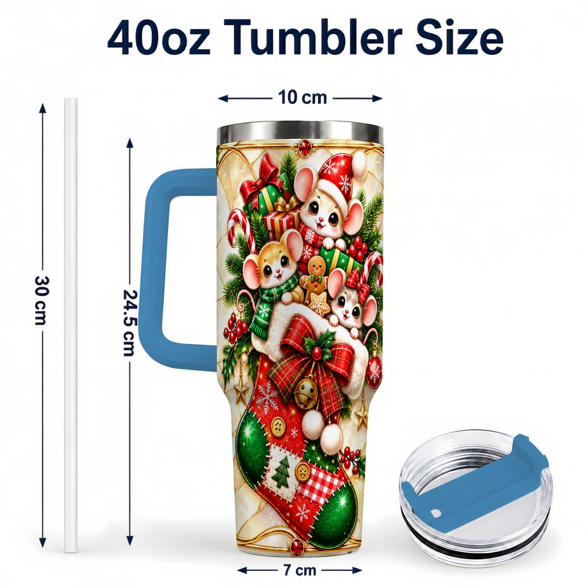 #pl[40oz|Blue] Christmas Mice 40oz Tumbler with Handle, Festive Stocking Design