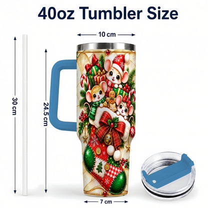 #pl[40oz|Blue] Christmas Mice 40oz Tumbler with Handle, Festive Stocking Design