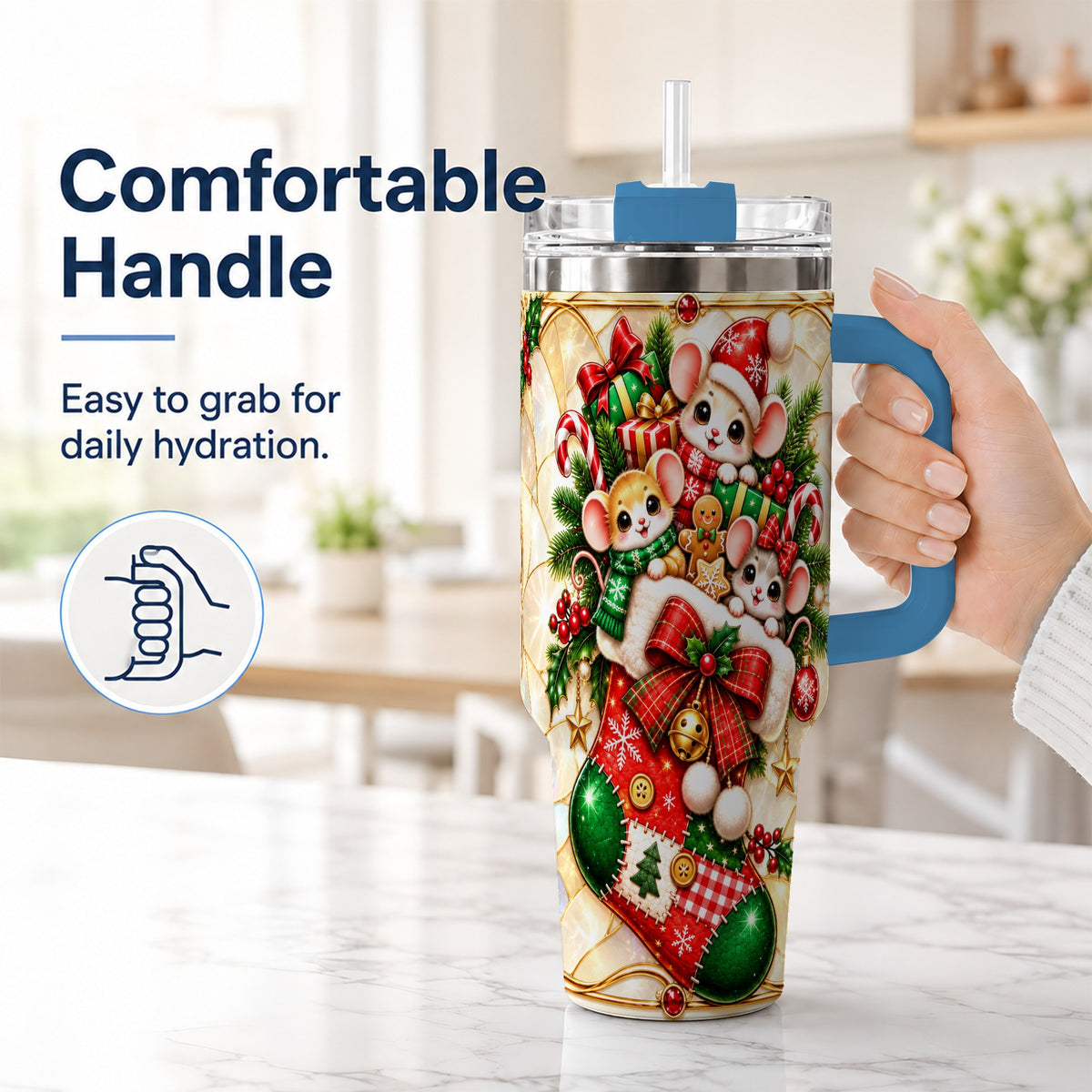 #pl[40oz|Blue] Christmas Mice 40oz Tumbler with Handle, Festive Stocking Design
