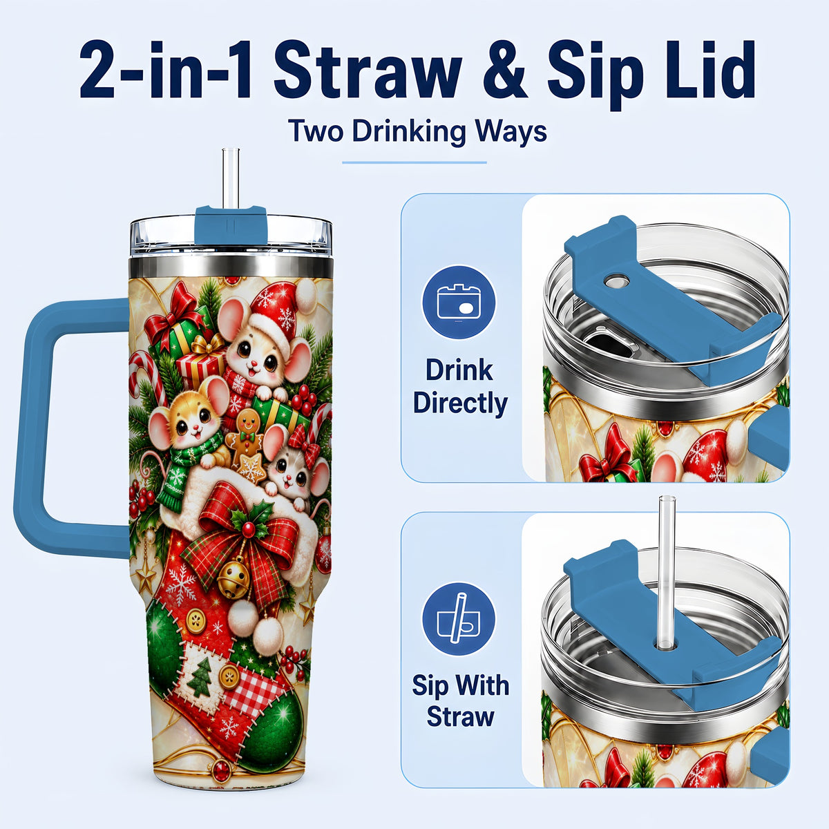 #pl[40oz|Blue] Christmas Mice 40oz Tumbler with Handle, Festive Stocking Design