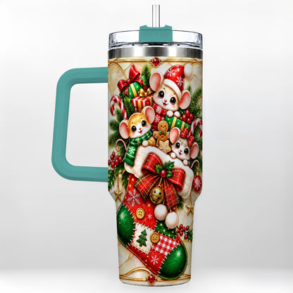 #pl[40oz|Green] Christmas Mice 40oz Tumbler with Handle, Festive Stocking Design