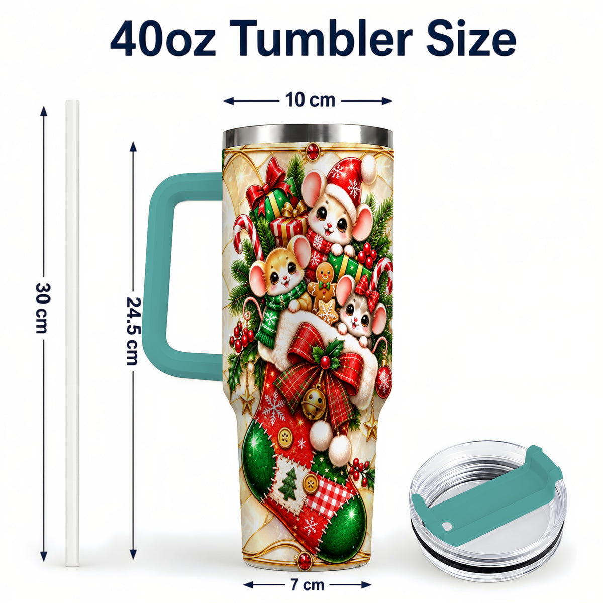 #pl[40oz|Green] Christmas Mice 40oz Tumbler with Handle, Festive Stocking Design