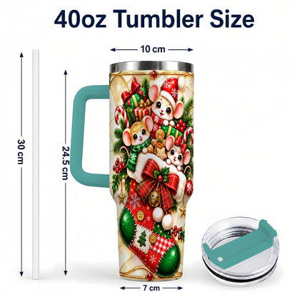 #pl[40oz|Green] Christmas Mice 40oz Tumbler with Handle, Festive Stocking Design