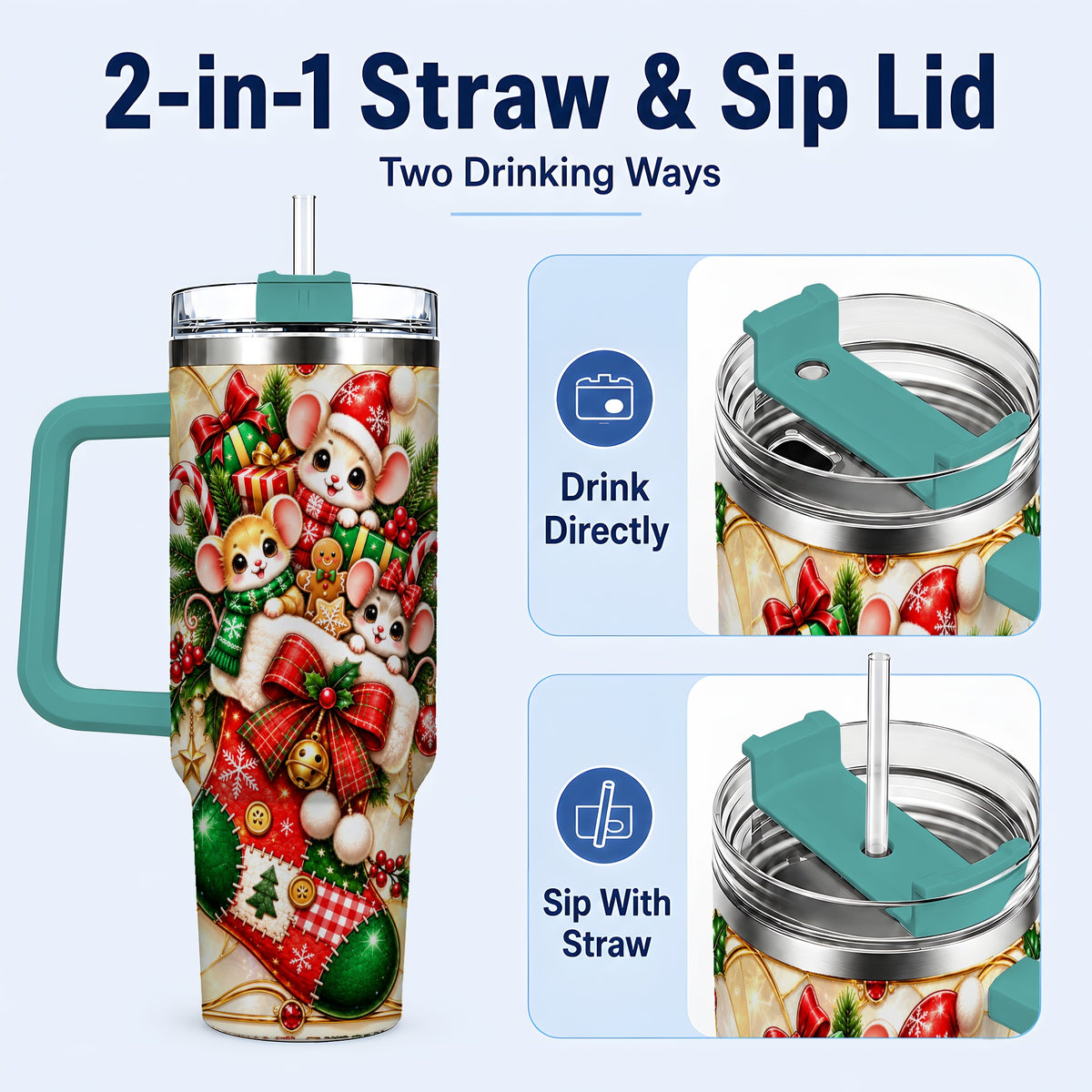 #pl[40oz|Green] Christmas Mice 40oz Tumbler with Handle, Festive Stocking Design