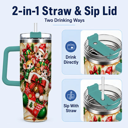 #pl[40oz|Green] Christmas Mice 40oz Tumbler with Handle, Festive Stocking Design
