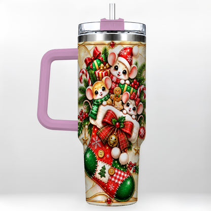 #pl[40oz|Pink] Christmas Mice 40oz Tumbler with Handle, Festive Stocking Design