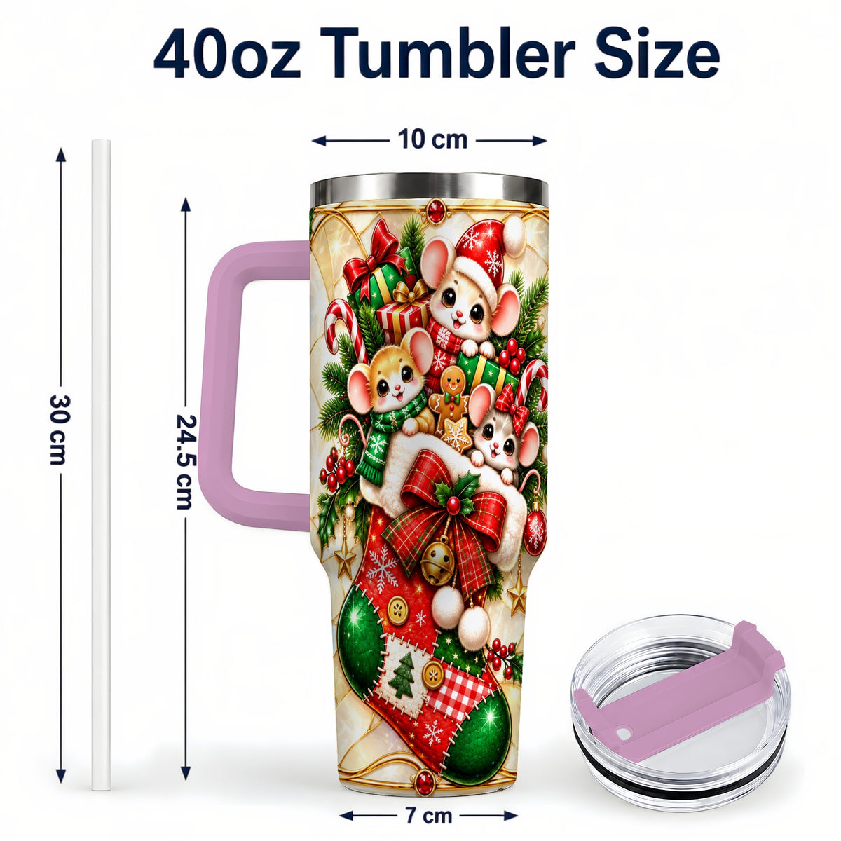#pl[40oz|Pink] Christmas Mice 40oz Tumbler with Handle, Festive Stocking Design