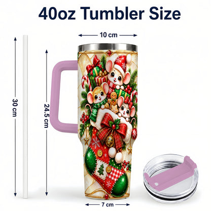 #pl[40oz|Pink] Christmas Mice 40oz Tumbler with Handle, Festive Stocking Design