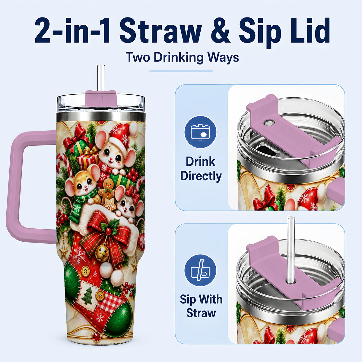 #pl[40oz|Pink] Christmas Mice 40oz Tumbler with Handle, Festive Stocking Design