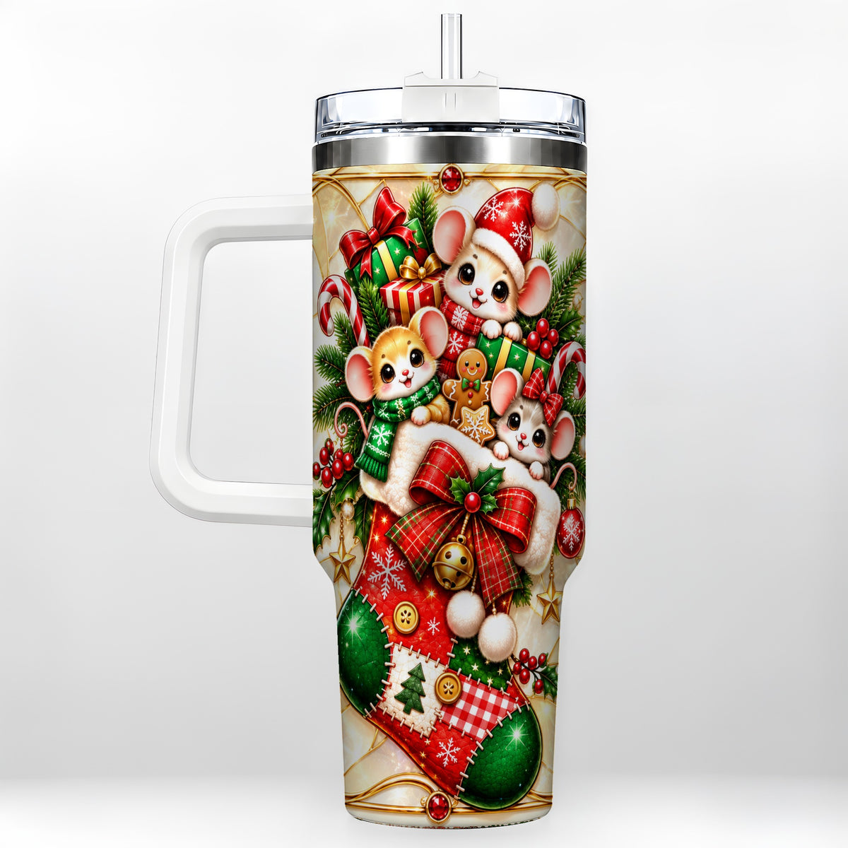 Christmas Mice 40oz Tumbler with Handle, Festive Stocking Design