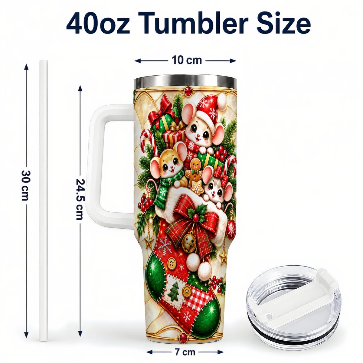 #pl[40oz|White] Christmas Mice 40oz Tumbler with Handle, Festive Stocking Design