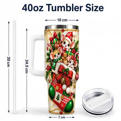 #pl[40oz|White] Christmas Mice 40oz Tumbler with Handle, Festive Stocking Design