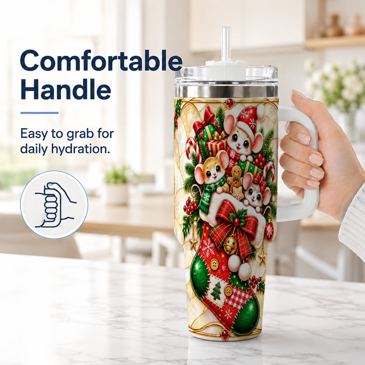 #pl[40oz|White] Christmas Mice 40oz Tumbler with Handle, Festive Stocking Design