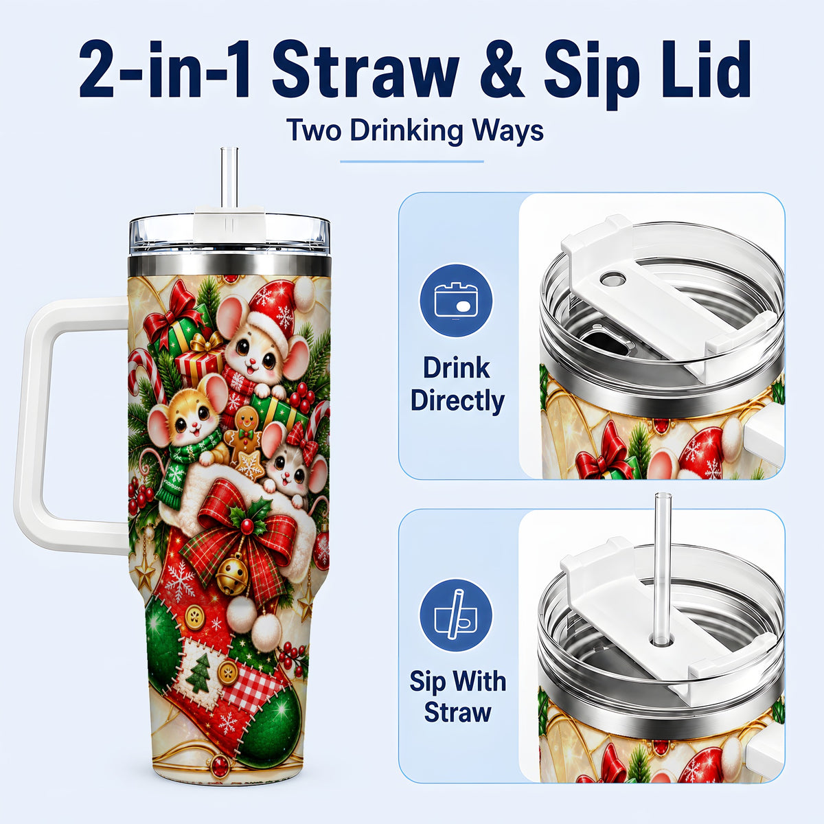 #pl[40oz|White] Christmas Mice 40oz Tumbler with Handle, Festive Stocking Design