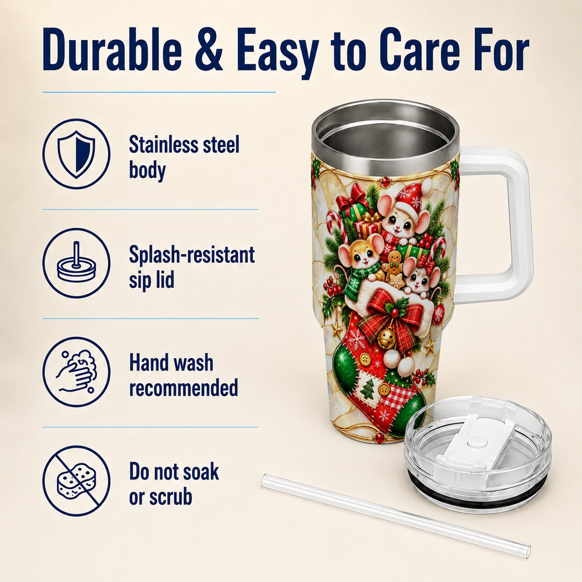 Christmas Mice 40oz Tumbler with Handle, Festive Stocking Design