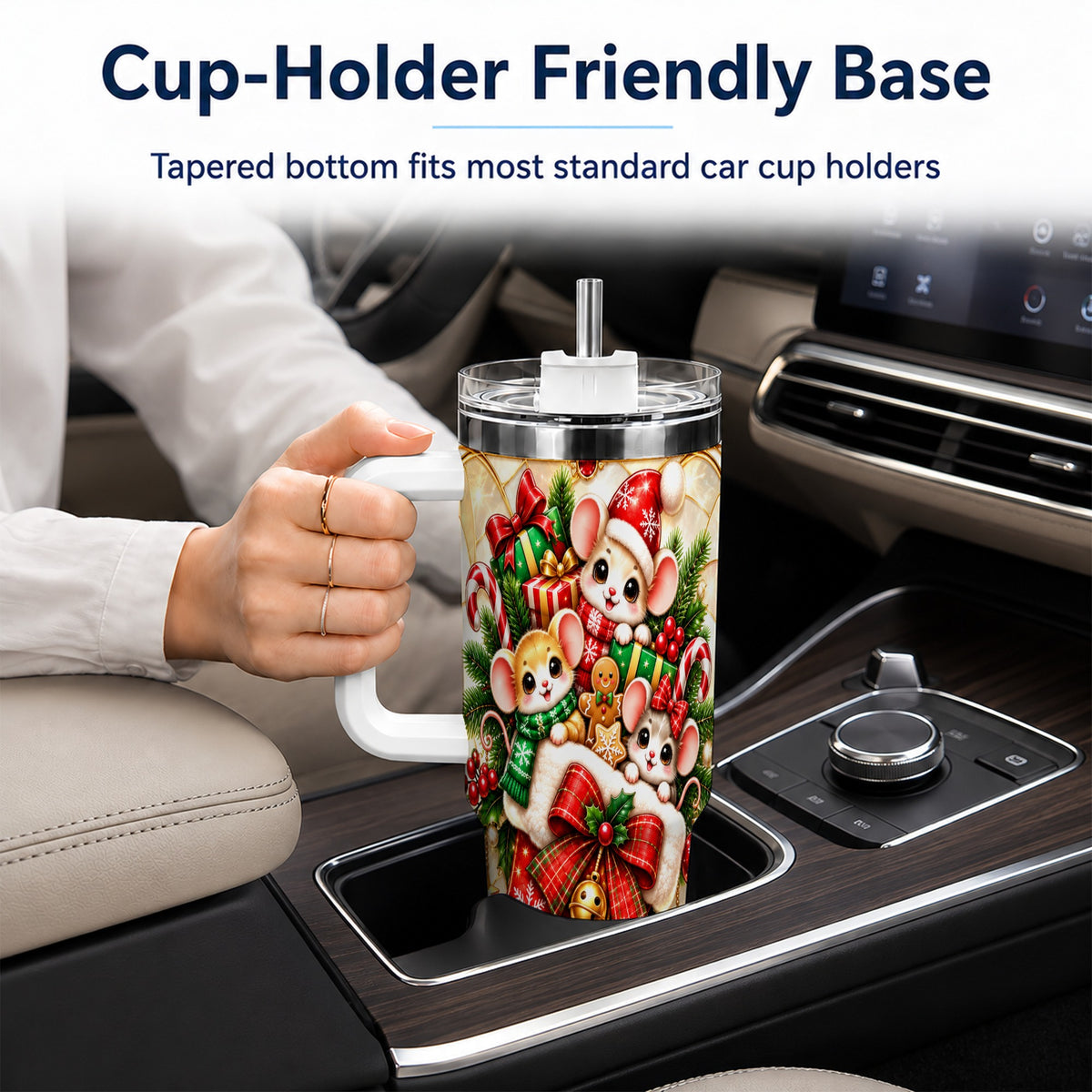 Christmas Mice 40oz Tumbler with Handle, Festive Stocking Design