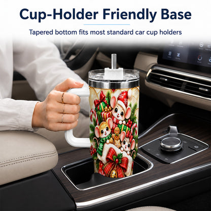 Christmas Mice 40oz Tumbler with Handle, Festive Stocking Design
