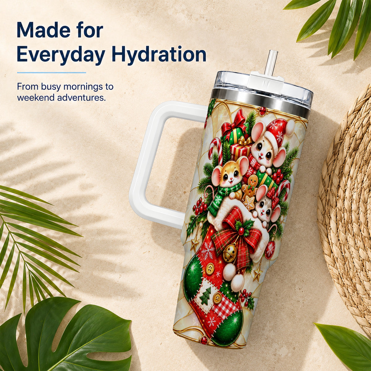 Christmas Mice 40oz Tumbler with Handle, Festive Stocking Design
