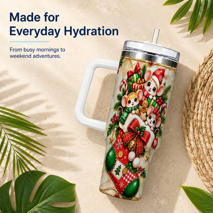 Christmas Mice 40oz Tumbler with Handle, Festive Stocking Design
