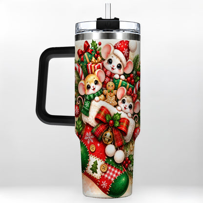 #pl[40oz|Black] Christmas Mice 40oz Tumbler with Handle, Cute Holiday Stocking Art