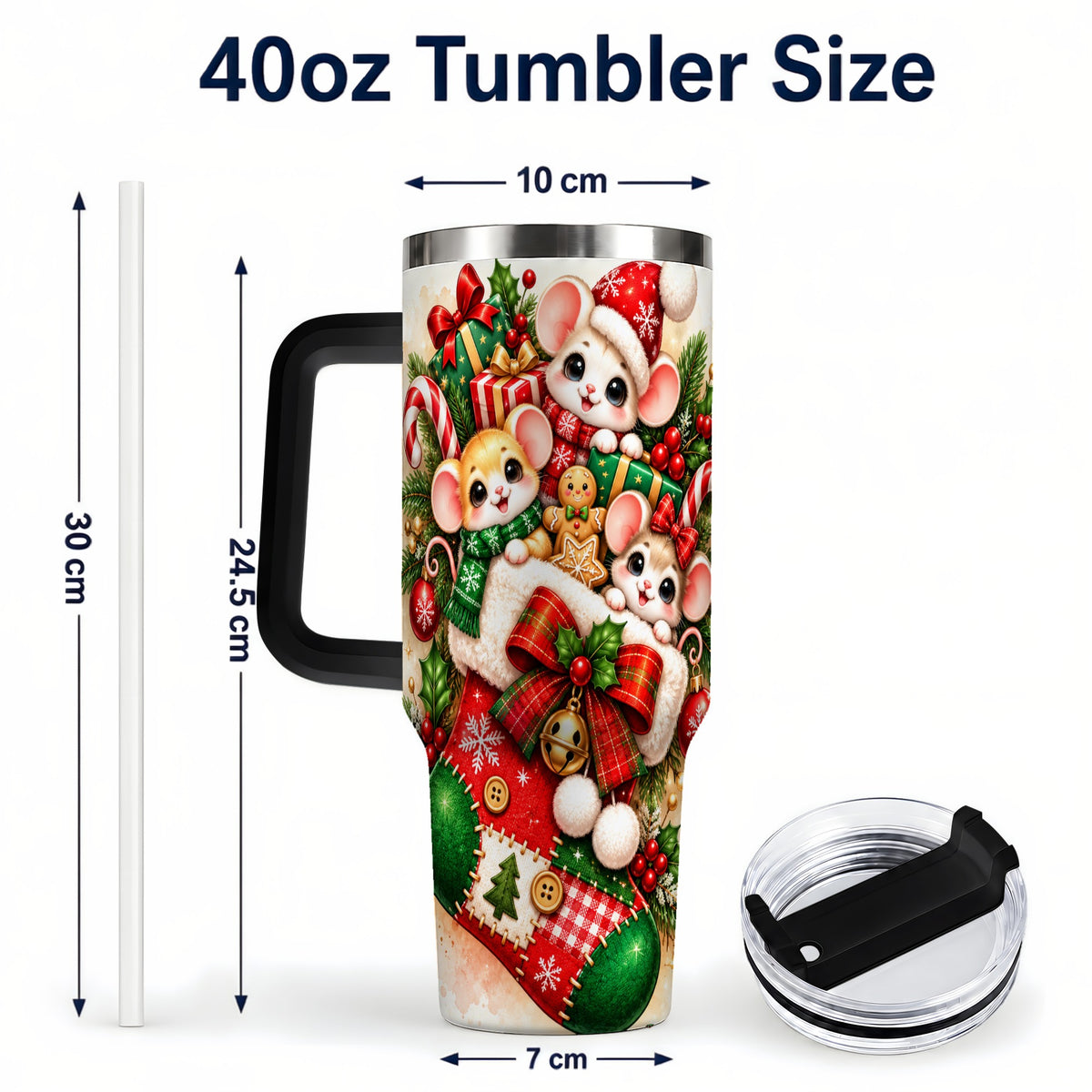 #pl[40oz|Black] Christmas Mice 40oz Tumbler with Handle, Cute Holiday Stocking Art