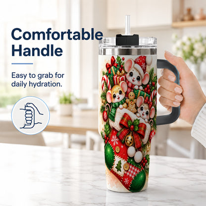 #pl[40oz|Black] Christmas Mice 40oz Tumbler with Handle, Cute Holiday Stocking Art