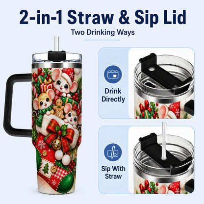 #pl[40oz|Black] Christmas Mice 40oz Tumbler with Handle, Cute Holiday Stocking Art