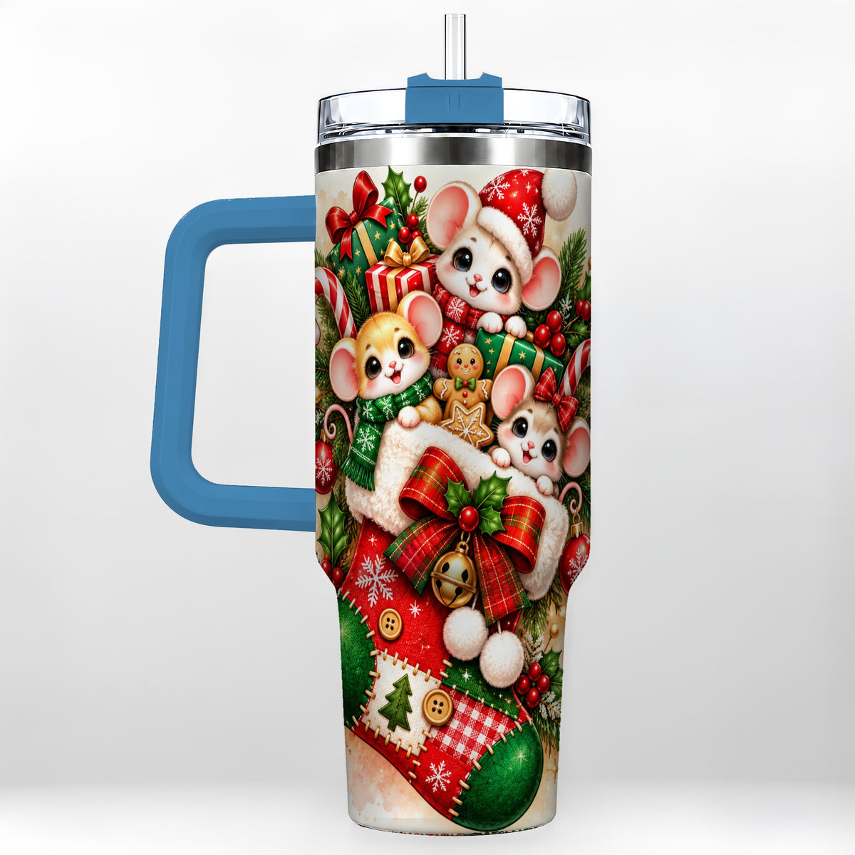 #pl[40oz|Blue] Christmas Mice 40oz Tumbler with Handle, Cute Holiday Stocking Art