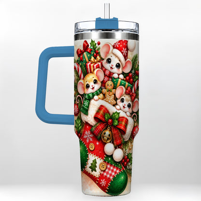 #pl[40oz|Blue] Christmas Mice 40oz Tumbler with Handle, Cute Holiday Stocking Art