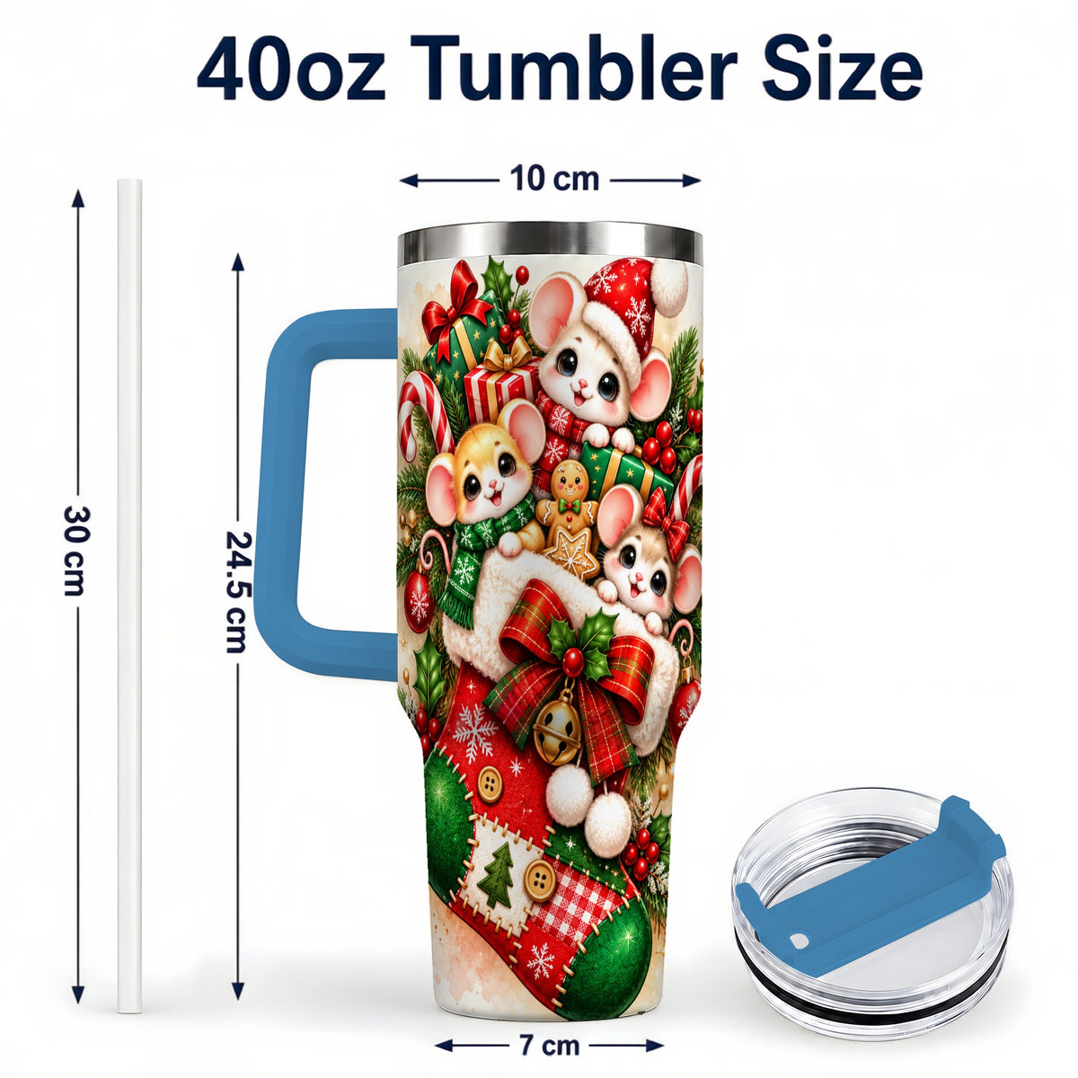 #pl[40oz|Blue] Christmas Mice 40oz Tumbler with Handle, Cute Holiday Stocking Art