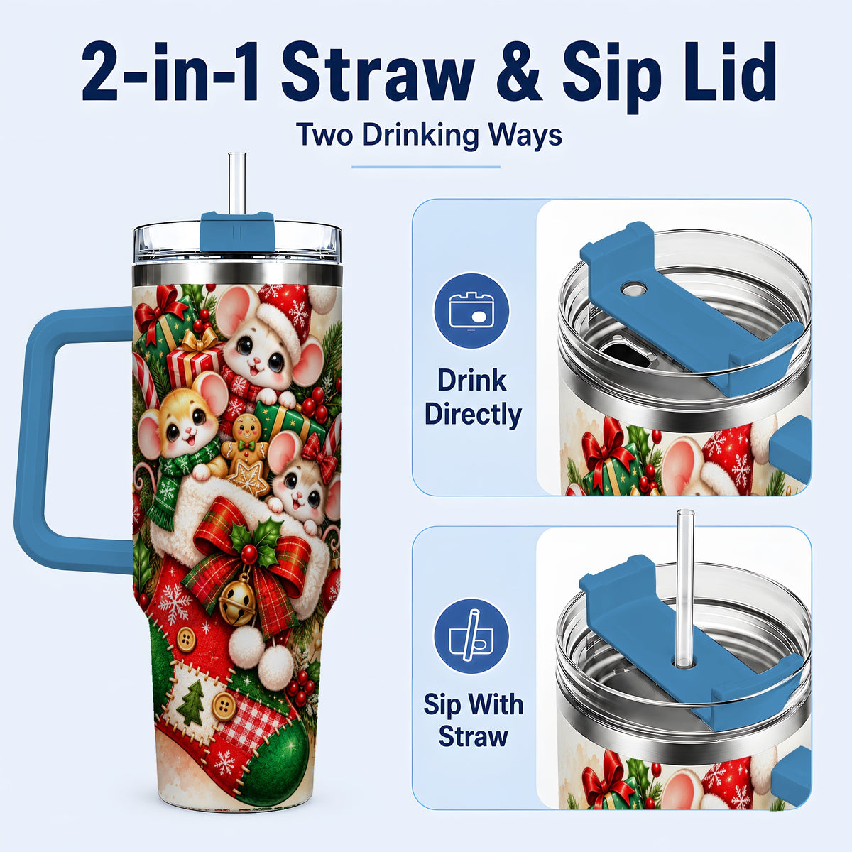 #pl[40oz|Blue] Christmas Mice 40oz Tumbler with Handle, Cute Holiday Stocking Art