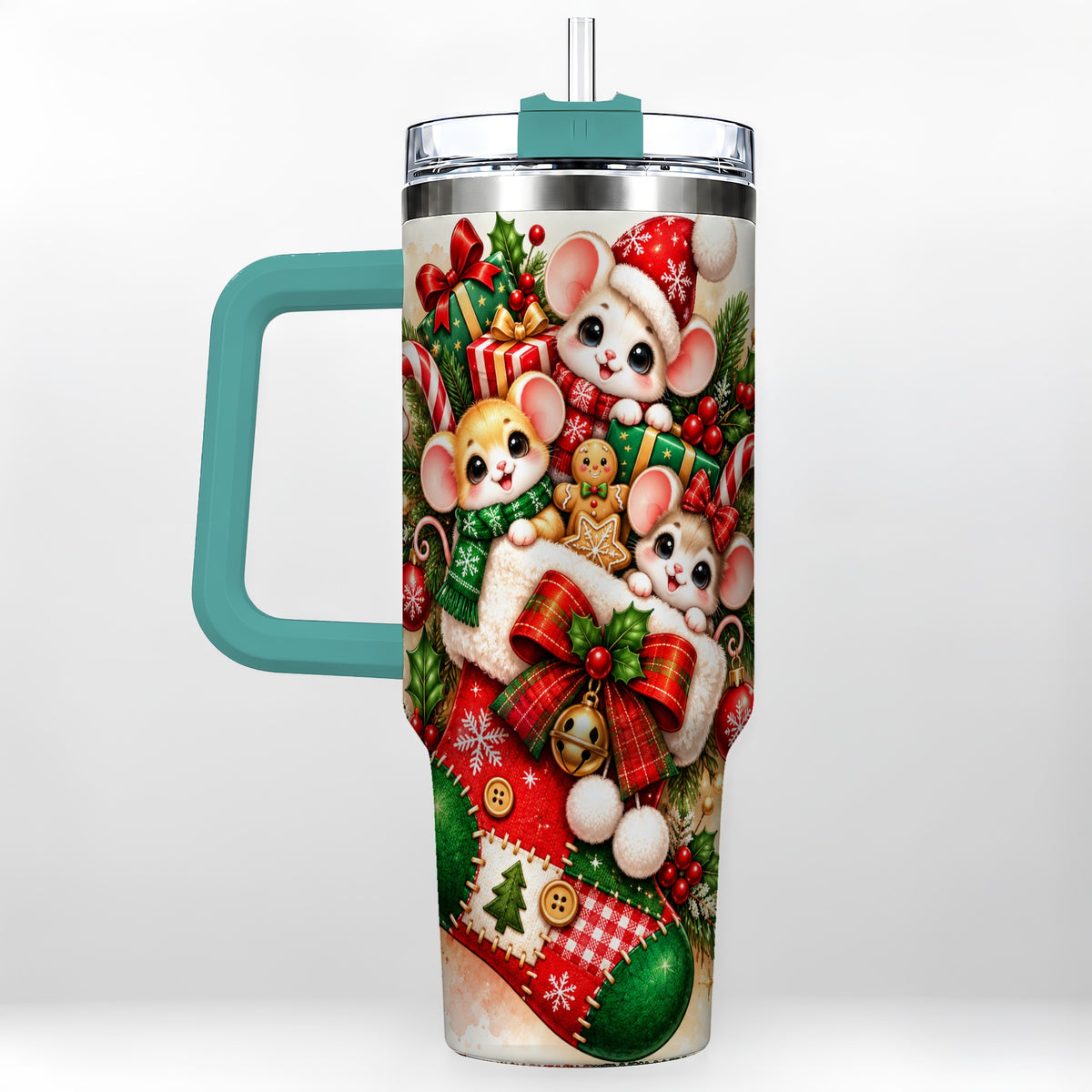 #pl[40oz|Green] Christmas Mice 40oz Tumbler with Handle, Cute Holiday Stocking Art