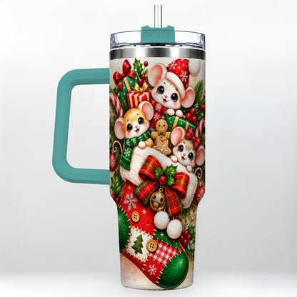 #pl[40oz|Green] Christmas Mice 40oz Tumbler with Handle, Cute Holiday Stocking Art