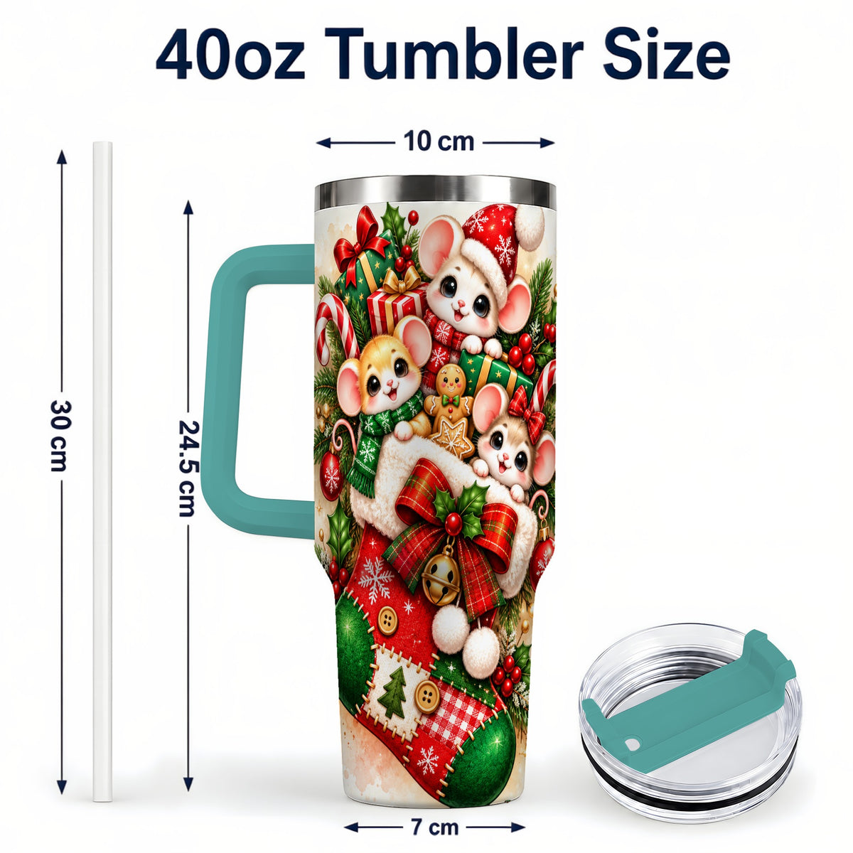 #pl[40oz|Green] Christmas Mice 40oz Tumbler with Handle, Cute Holiday Stocking Art