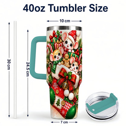 #pl[40oz|Green] Christmas Mice 40oz Tumbler with Handle, Cute Holiday Stocking Art