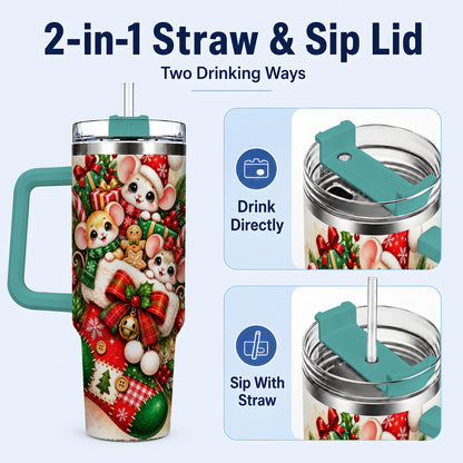 #pl[40oz|Green] Christmas Mice 40oz Tumbler with Handle, Cute Holiday Stocking Art