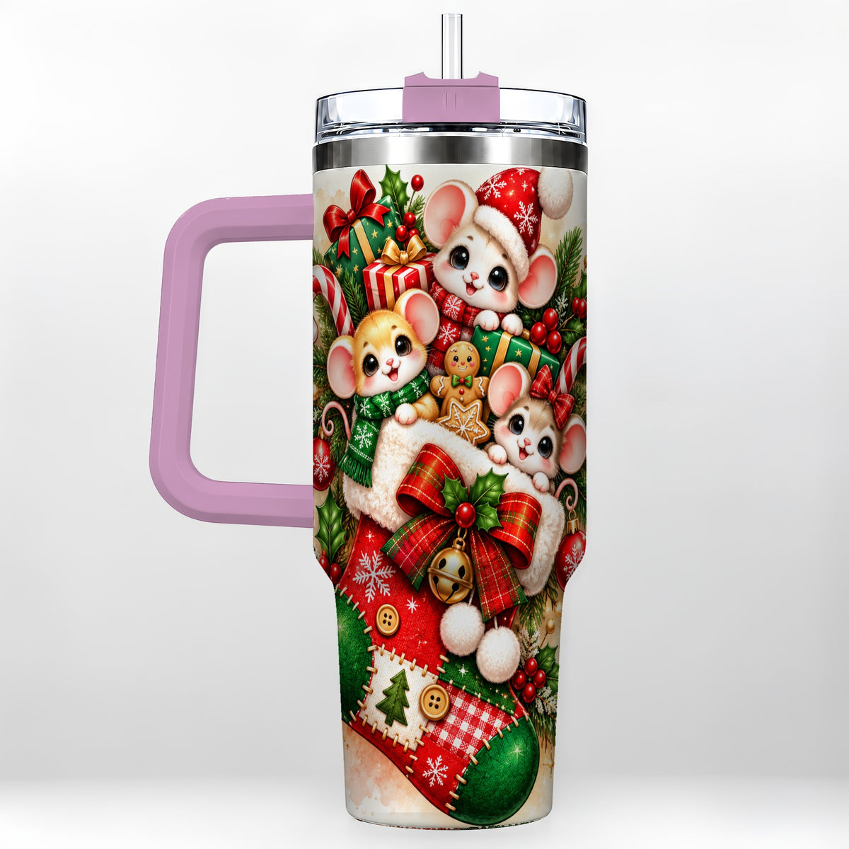 #pl[40oz|Pink] Christmas Mice 40oz Tumbler with Handle, Cute Holiday Stocking Art