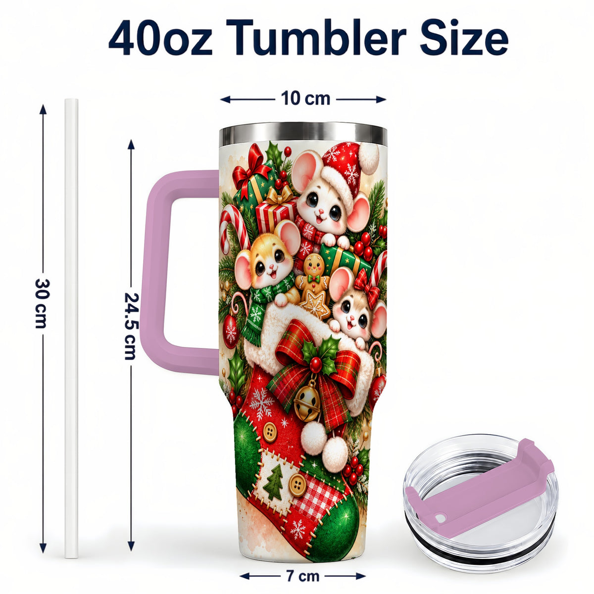 #pl[40oz|Pink] Christmas Mice 40oz Tumbler with Handle, Cute Holiday Stocking Art