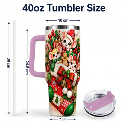 #pl[40oz|Pink] Christmas Mice 40oz Tumbler with Handle, Cute Holiday Stocking Art