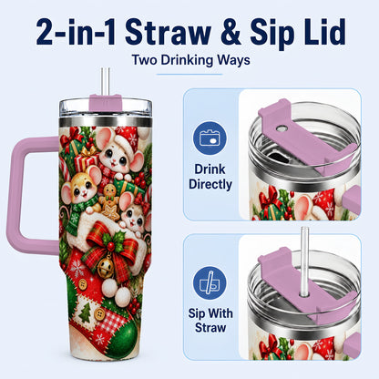 #pl[40oz|Pink] Christmas Mice 40oz Tumbler with Handle, Cute Holiday Stocking Art