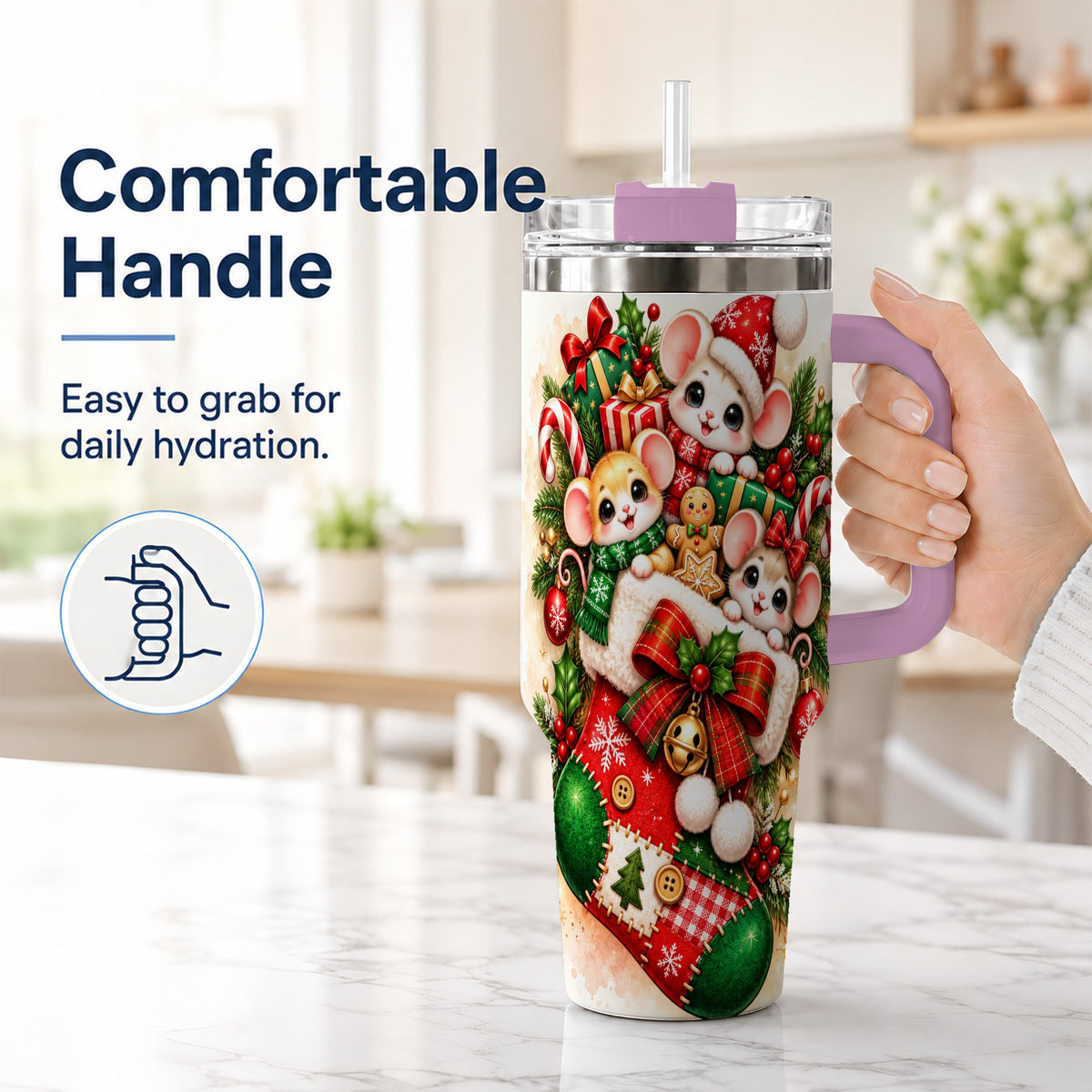 #pl[40oz|Pink] Christmas Mice 40oz Tumbler with Handle, Cute Holiday Stocking Art
